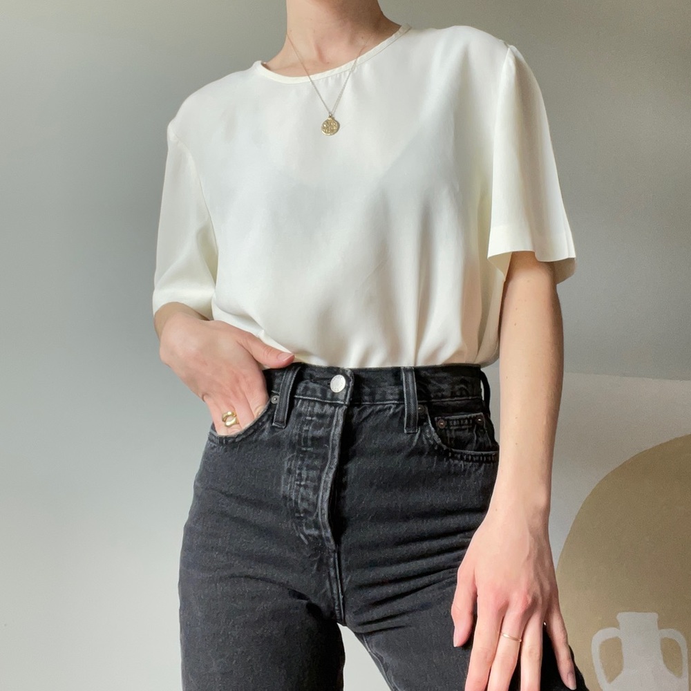 SOLD Vintage Silky Ivory Blouse With Shell Button